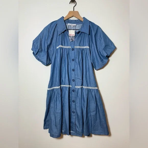 En Saison Blue Tara Puff-Sleeve Babydoll Mini Shirtdress Sz Small NEW - Picture 4 of 13